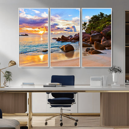 43209-MGV-CV-36X24-Tropical Beach Sunset Wall Art – Golden Ocean Waves and Palm Trees with Rocky Shore Canvas Print, Coastal Seascape Decor for