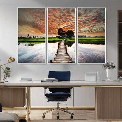 29105-MGV-CV-36X24-Rustic Wooden Bridge Wall Art – Scenic Sunset Over Rice Fields and Reflective Water Canvas Print, Nature Landscape Decor for