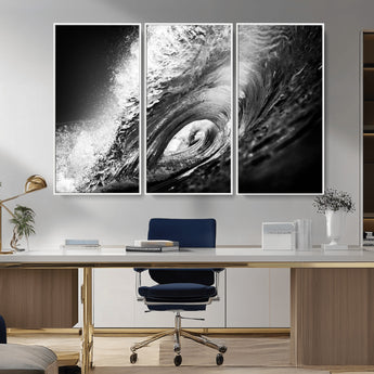 22702-MGV-CV-36X24-Black and White Ocean Wave Wall Art – Powerful Surf Curl Photography Canvas Print, Modern Coastal Decor for Living Room, Office or