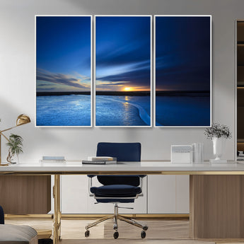 65405-MGV-CV-36X24-Blue Sunrise Seascape Wall Art – Tranquil Ocean Horizon Canvas Print with Golden Sunlight and Deep Sky, Coastal Landscape Decor