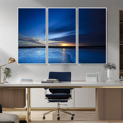 65405-MGV-CV-36X24-Blue Sunrise Seascape Wall Art – Tranquil Ocean Horizon Canvas Print with Golden Sunlight and Deep Sky, Coastal Landscape Decor