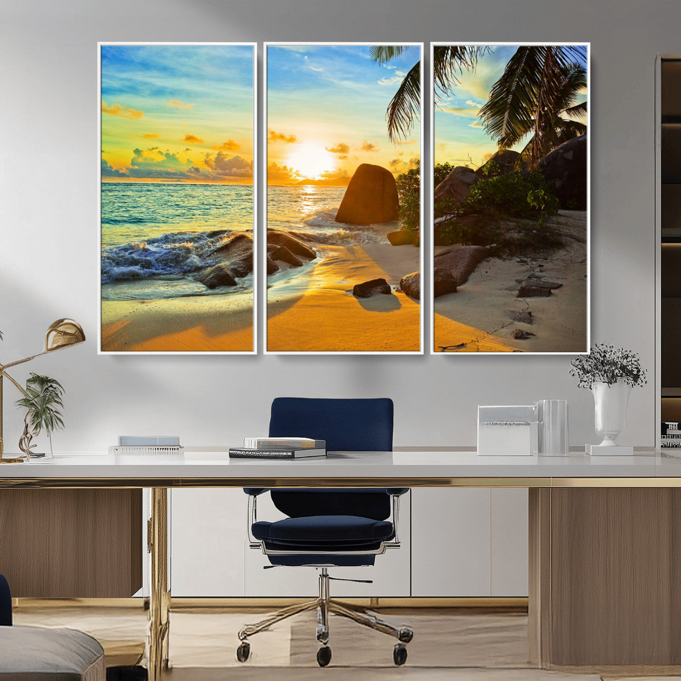 26181-MGV-CV-36X24-Golden Tropical Sunset Beach Wall Art – Ocean Canvas Print with Palm Trees and Rocks, Coastal Paradise Decor for Living Room or