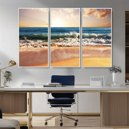 79005-MGV-CV-36X24-Golden Sunrise Ocean Waves Wall Art – Panoramic Seashore Canvas Print, Calming Coastal Decor for Home, Office or Relaxation Space