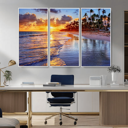 19917-MGV-CV-36X24-Tropical Sunset Beach Wall Art – Panoramic Palm Trees and Ocean Canvas Print, Vibrant Coastal Decor for Living Room, Office or Man