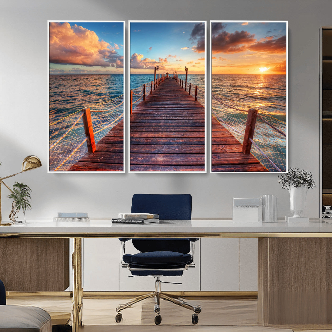 28836-MGV-CV-36X24-Ocean Pier Sunset Wall Art – Wooden Dock and Golden Horizon Canvas Print, Coastal Seascape Photography for Living Room, Bedroom,