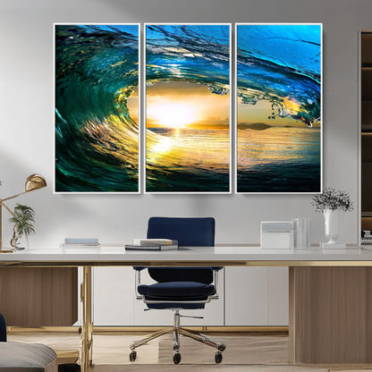 19378-MGV-CV-36X24-Ocean Wave Sunset Wall Art – Vibrant Surf and Golden Horizon Canvas Print, Coastal Seascape Photography for Living Room, Bedroom,