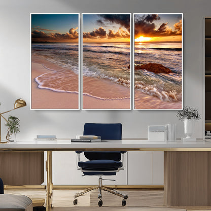 80979-MGV-CV-36X24-Golden Sunrise Beach Wall Art – Ocean Waves and Sandy Shore Canvas Print, Coastal Sunset Photography Artwork for Living Room,