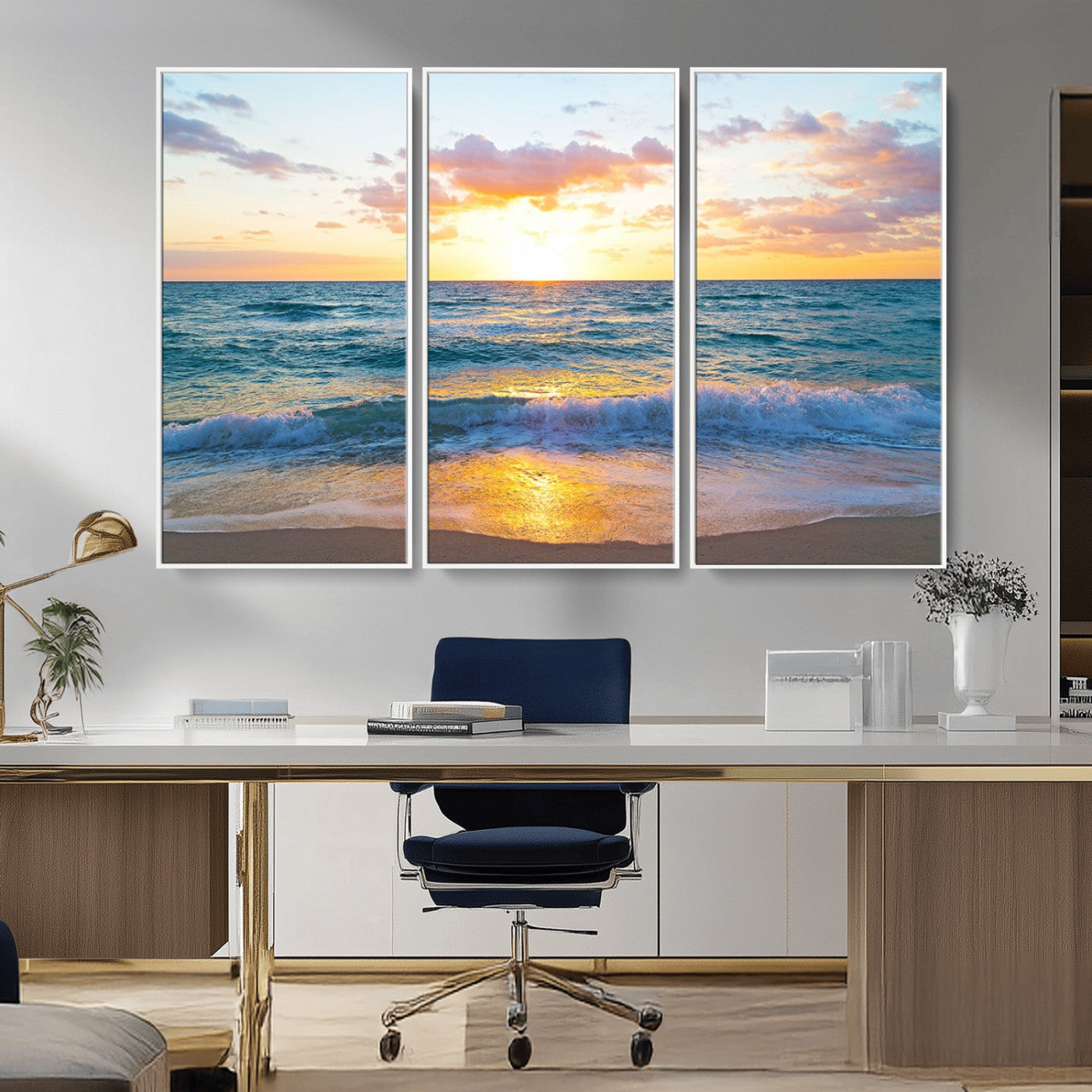 78006-MGV-CV-36X24-Golden Sunrise Ocean Wall Art – Panoramic Beach Waves Canvas Print, Coastal Seascape Artwork for Living Room, Bedroom, Office, or