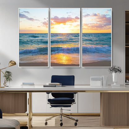 78006-MGV-CV-36X24-Golden Sunrise Ocean Wall Art – Panoramic Beach Waves Canvas Print, Coastal Seascape Artwork for Living Room, Bedroom, Office, or