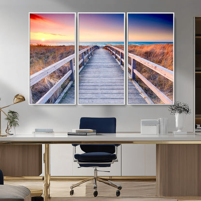 60625-MGV-CV-36X24-Beach Boardwalk Sunrise Wall Art – Coastal Pathway to Ocean Canvas Print, Seaside Landscape Decor for Home or Office