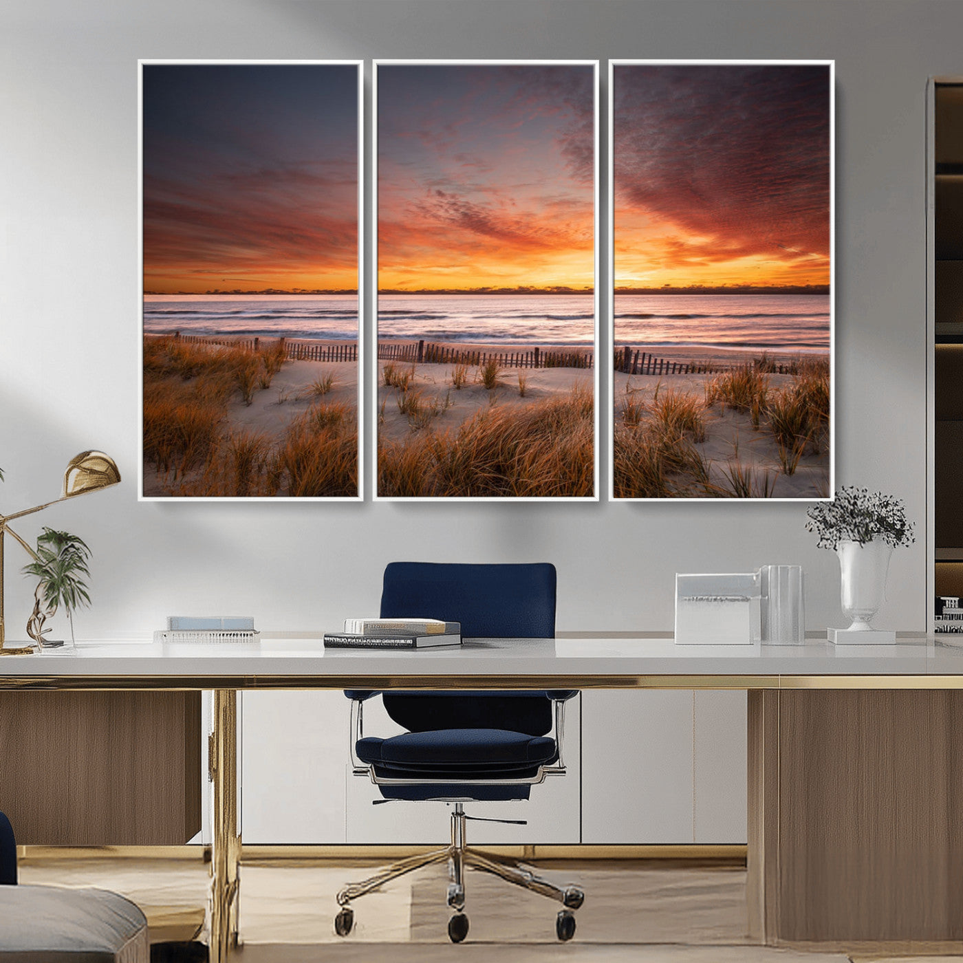 90176-MGV-CV-36X24-Beach Sunset Wall Art – Coastal Sand Dune Canvas Print with Ocean Waves and Dramatic Sky, Seaside Landscape Decor for Living Room
