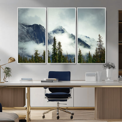 93219-MGV-CV-36X24-Misty Mountain Wall Art – Foggy Pines and Rocky Peaks Canvas Print, Nature Landscape Decor for Living Room, Office or Bedroom