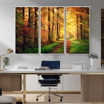 73494-MGV-CV-36X24-Golden Autumn Forest Path Wall Art – Sunlit Woodland Canvas Print, Fall Nature Landscape Home Decoration