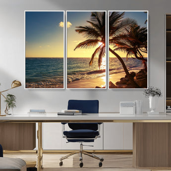 82710-MGV-CV-36X24-Palm Tree Sunset Beach Wall Art – Tropical Ocean Canvas Print, Coastal Paradise Seascape Decor for Living Room or Office Wall