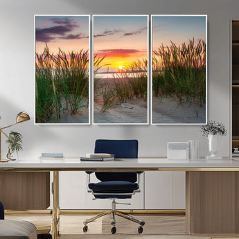 25576-MGV-CV-36X24-Beach Grass Sunset Wall Art – Coastal Sand Dune Landscape Canvas Print, Ocean View Nature Decor for Living Room or Office Wall