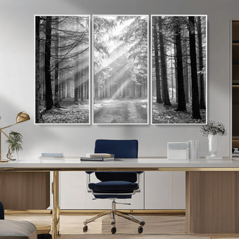 39665-MGV-FC-48X32-3P_White-Black and White Forest Path Wall Art – Sunlight Rays in Trees Canvas Print, Nature Landscape Decor for Living Room or Office