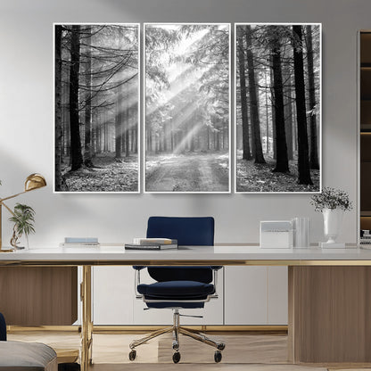 39665-MGV-FC-48X32-3P_White-Black and White Forest Path Wall Art – Sunlight Rays in Trees Canvas Print, Nature Landscape Decor for Living Room or Office