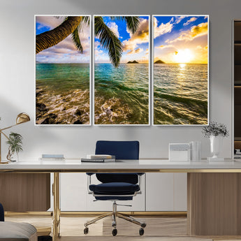 68606-MGV-FC-48X32-3P_White-Tropical Palm Tree Ocean Wall Art – Sunset Beach Seascape Print, Coastal Paradise Decor for Living Room or Office