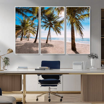 98175-MGV-FC-48X32-3P_White-Tropical Palm Beach Wall Art – Relaxing Ocean Shore Canvas Print with Palm Trees, Coastal Summer Decor for Living Room, Bedroom or