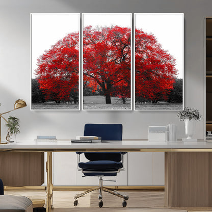 80021-MGV-CV-36X24-Red Tree Wall Art – Striking Black and White Landscape Canvas Print with Vibrant Red Leaves, Modern Nature Decor for Living Room