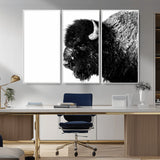 68780-MGV-FC-48X32-3P_White-Bison Close-Up Wall Art – Black and White Buffalo Canvas Print, Rustic Wildlife Photography Decor for Living Room, Office, or