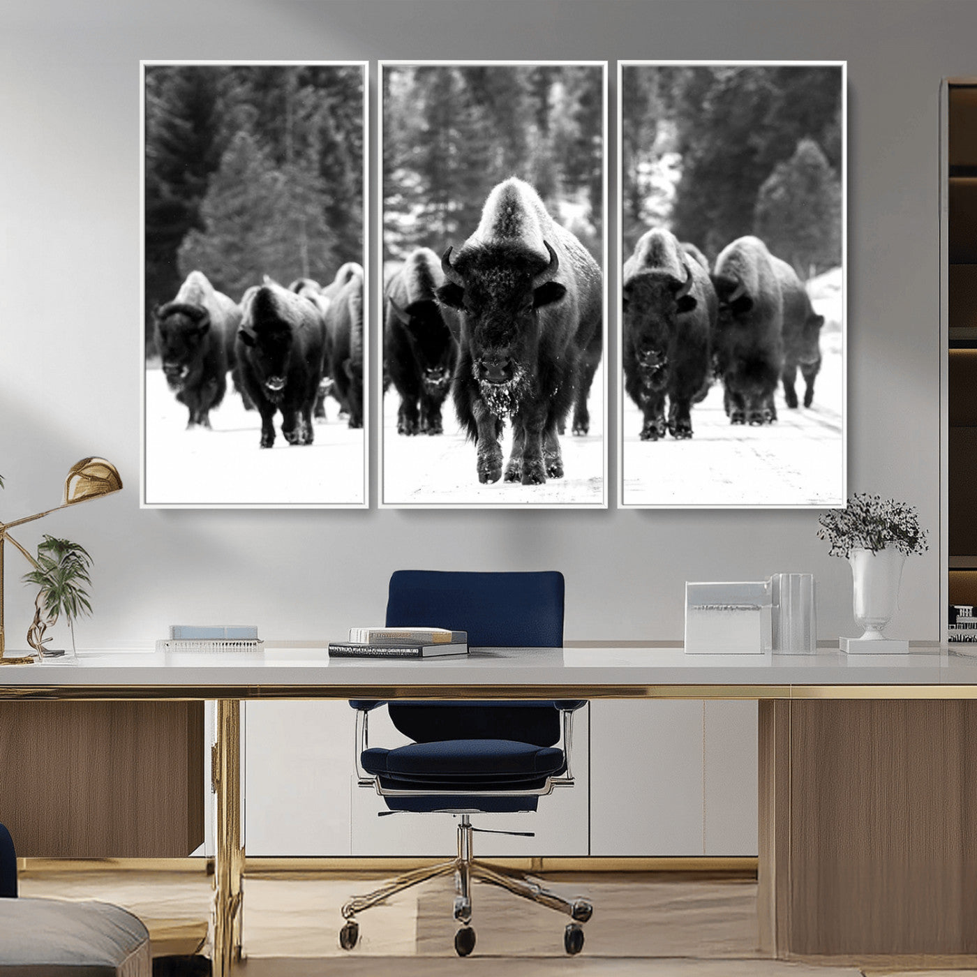 62434-MGV-CV-36X24-Bison Herd Wall Art – Majestic Black and White Buffalo Canvas Print, Wildlife Nature Photography Decor for Living Room, Office or