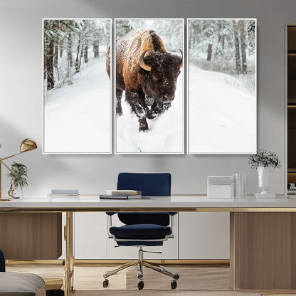 84699-MGV-CV-36X24-Bison in Winter Wall Art – Majestic Buffalo Canvas Print with Snowy Forest Landscape, Rustic Wildlife Artwork for Cabin, Living