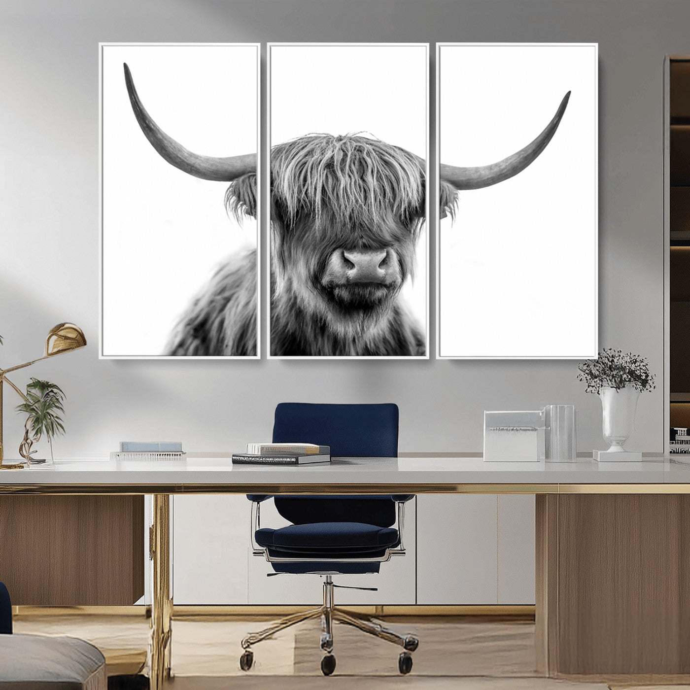10123-MGV-CV-36X24-Black and White Highland Cow Wall Art – Modern Farmhouse Animal Print, Rustic Scottish Bull Canvas Decor for Living Room, Bedroom,