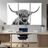 10123-MGV-CV-36X24-Black and White Highland Cow Wall Art – Modern Farmhouse Animal Print, Rustic Scottish Bull Canvas Decor for Living Room, Bedroom,