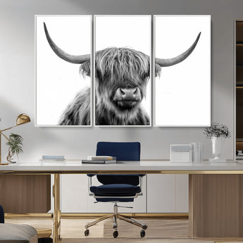 10123-MGV-CV-36X24-Black and White Highland Cow Wall Art – Modern Farmhouse Animal Print, Rustic Scottish Bull Canvas Decor for Living Room, Bedroom,