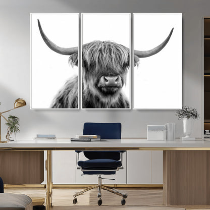 10123-MGV-CV-36X24-Black and White Highland Cow Wall Art – Modern Farmhouse Animal Print, Rustic Scottish Bull Canvas Decor for Living Room, Bedroom,