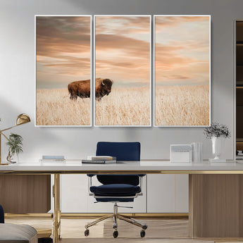 99699-MGV-CV-36X24-Bison in Prairie at Sunset – Wildlife Photography Print, American Buffalo Wall Art, Nature Landscape Canvas Decor for Office