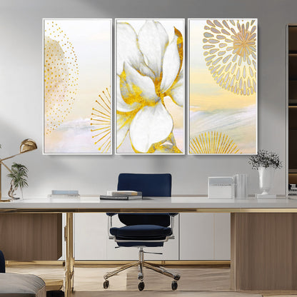 82301-MGV-CV-36X24-Modern Floral Wall Art – White Flower with Gold Detailing Canvas Print, Elegant Abstract Artwork for Living Room, Bedroom, or