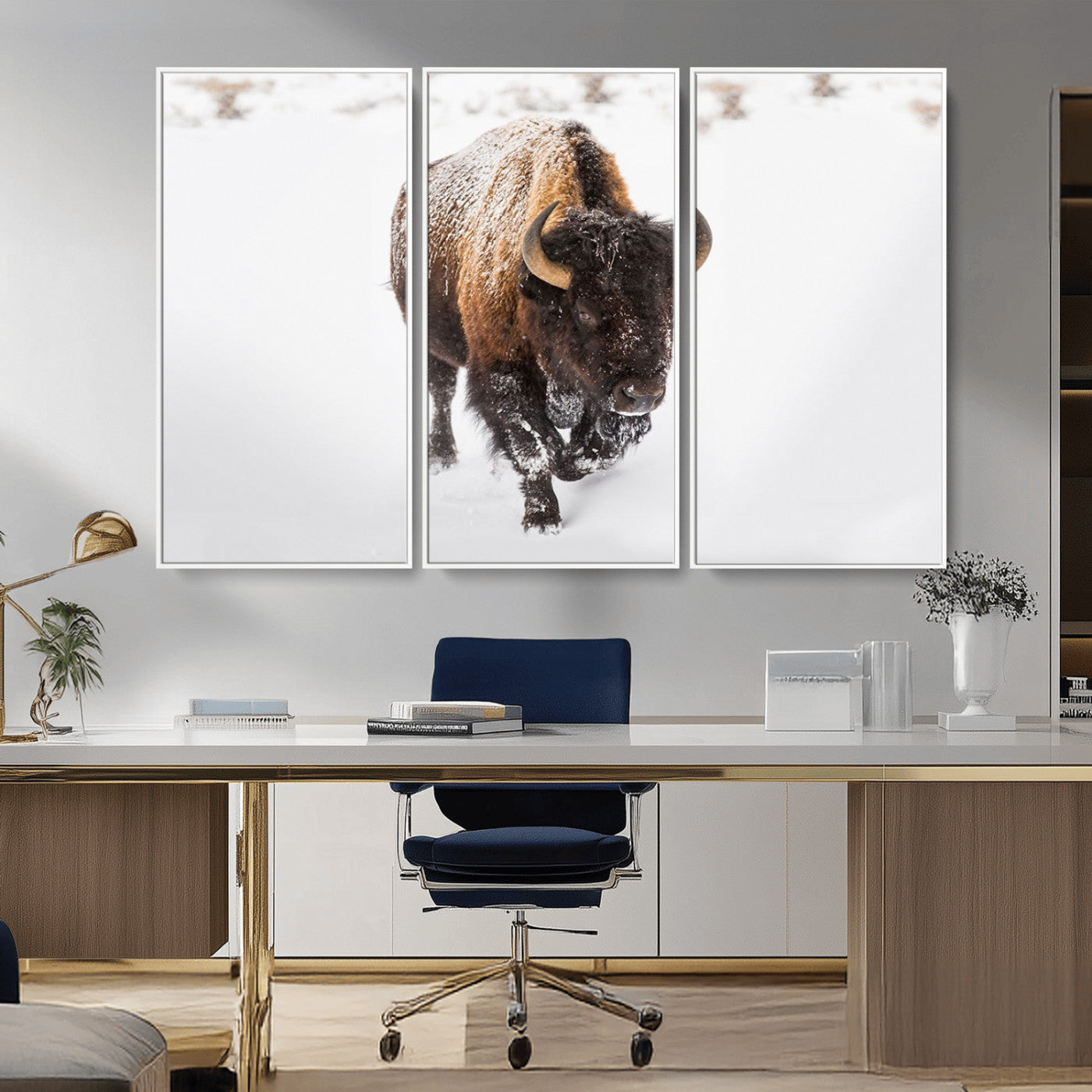 19889-MGV-CV-36X24-Snow Bison Wall Art – Majestic Buffalo Winter Landscape Canvas Print, Rustic Wildlife Photography Decor for Cabin, Lodge, Living