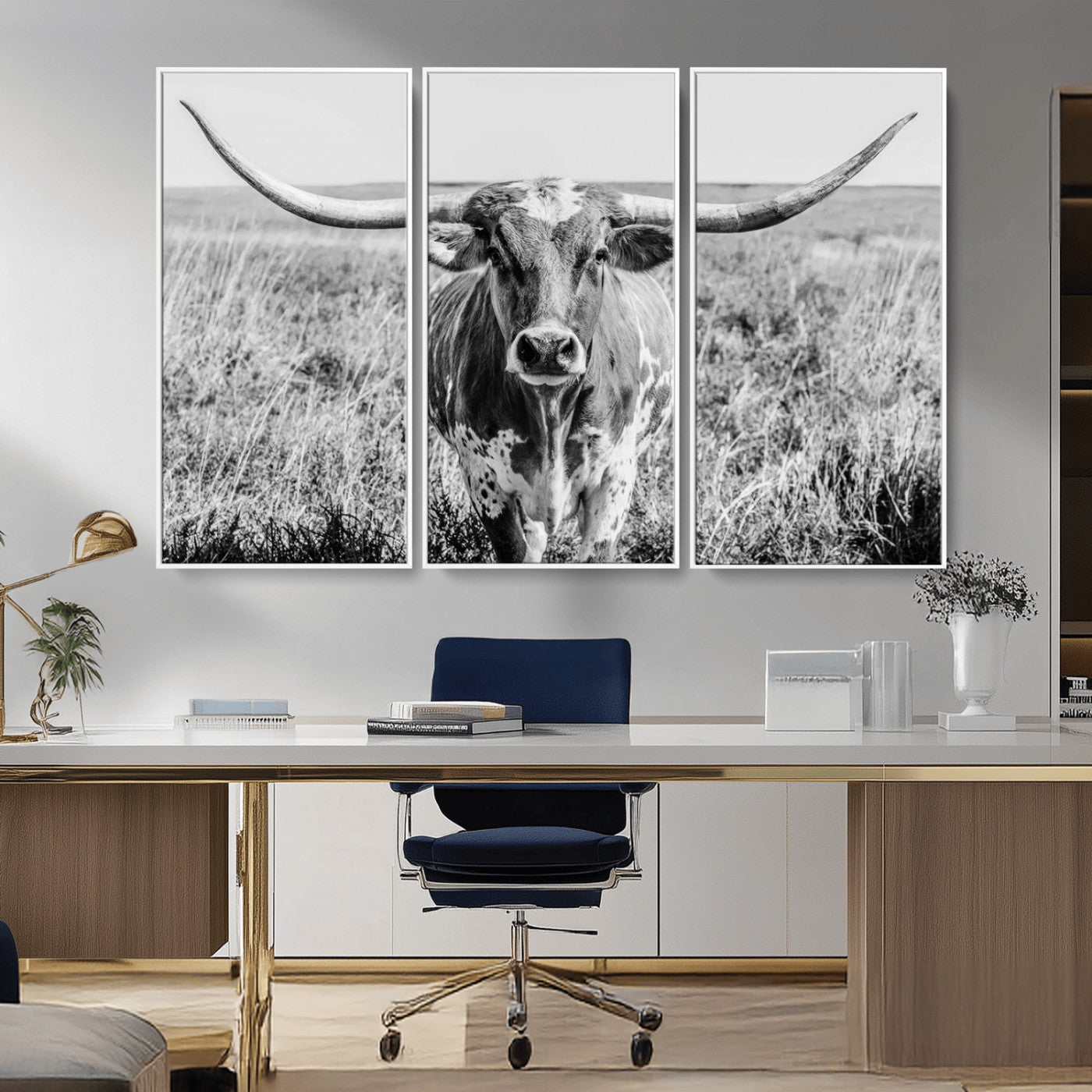 77320-MGV-CV-36X24-Texas Longhorn Wall Art – Black and White Western Cattle Canvas Print, Rustic Farmhouse Animal Photography Decor for Living Room,
