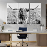 77320-MGV-CV-36X24-Texas Longhorn Wall Art – Black and White Western Cattle Canvas Print, Rustic Farmhouse Animal Photography Decor for Living Room,