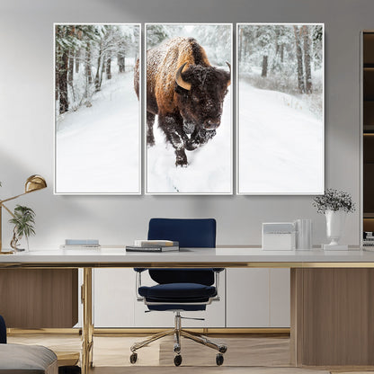 10109-MGV-CV-36X24-Majestic Bison Winter Wall Art – Snowy Forest Buffalo Canvas Print, Rustic Wildlife Photography Decor for Cabin, Lodge, Living