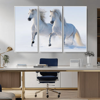 80145-MGV-CV-36X24-White Horses Running Snow Wall Art – Majestic Equine Canvas Print, Winter Nature Photography Decor for Living Room, Office,