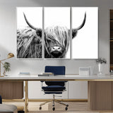 51957-MGV-CV-36X24-Highland Cow Wall Art – Black and White Scottish Highland Bull Canvas Print, Rustic Farmhouse Animal Decor for Living Room,