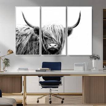 51957-MGV-CV-36X24-Highland Cow Wall Art – Black and White Scottish Highland Bull Canvas Print, Rustic Farmhouse Animal Decor for Living Room,