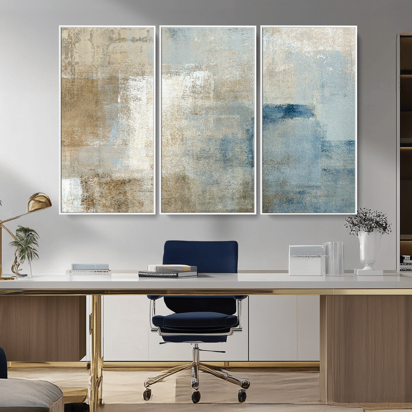 38126-MGV-CV-36X24-Neutral Abstract Wall Art – Modern Beige and Blue Canvas Print and Minimalist Textured Painting for Living Room, Bedroom or Office