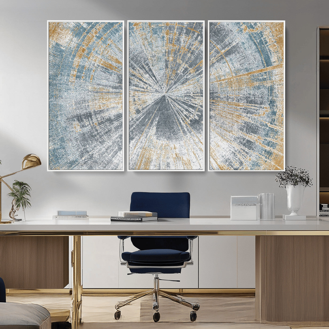 17631-MGV-CV-36X24-Radiant Burst Wall Art – Abstract Sunburst Canvas Print in Blue and Gold, Modern Geometric Painting for Living Room, Office or