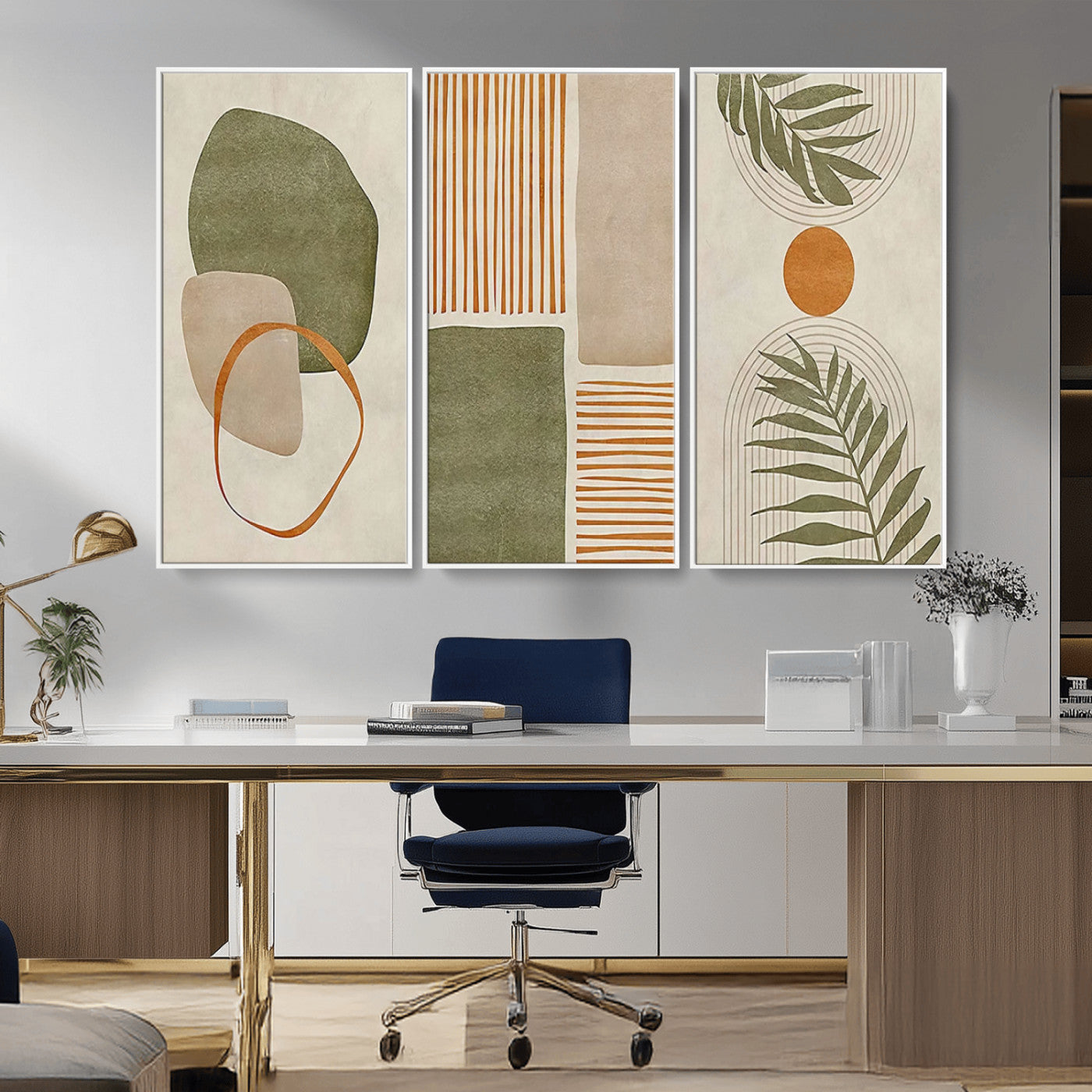 96002-MGV-CV-36X24-Abstract Geometric Wall Art – Modern Canvas Print with Green, Orange & Beige Shapes, Minimalist Home Decor for Living Room, Office