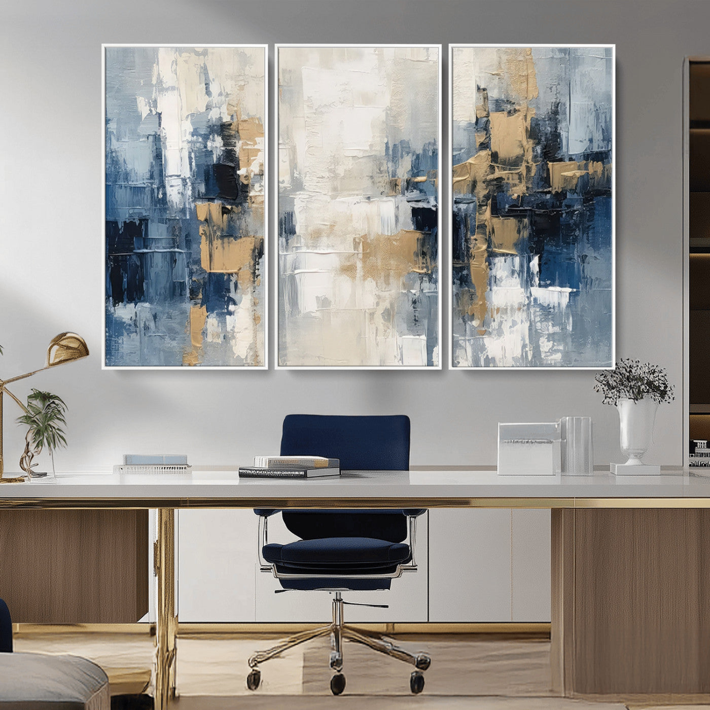 44344-MGV-FC-48X32-3P_White-Abstract Blue and Gold Wall Art – Modern Hand Painted Canvas Print, Contemporary Textured Painting for Living Room, Bedroom or
