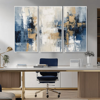 44344-MGV-FC-48X32-3P_White-Abstract Blue and Gold Wall Art – Modern Hand Painted Canvas Print, Contemporary Textured Painting for Living Room, Bedroom or