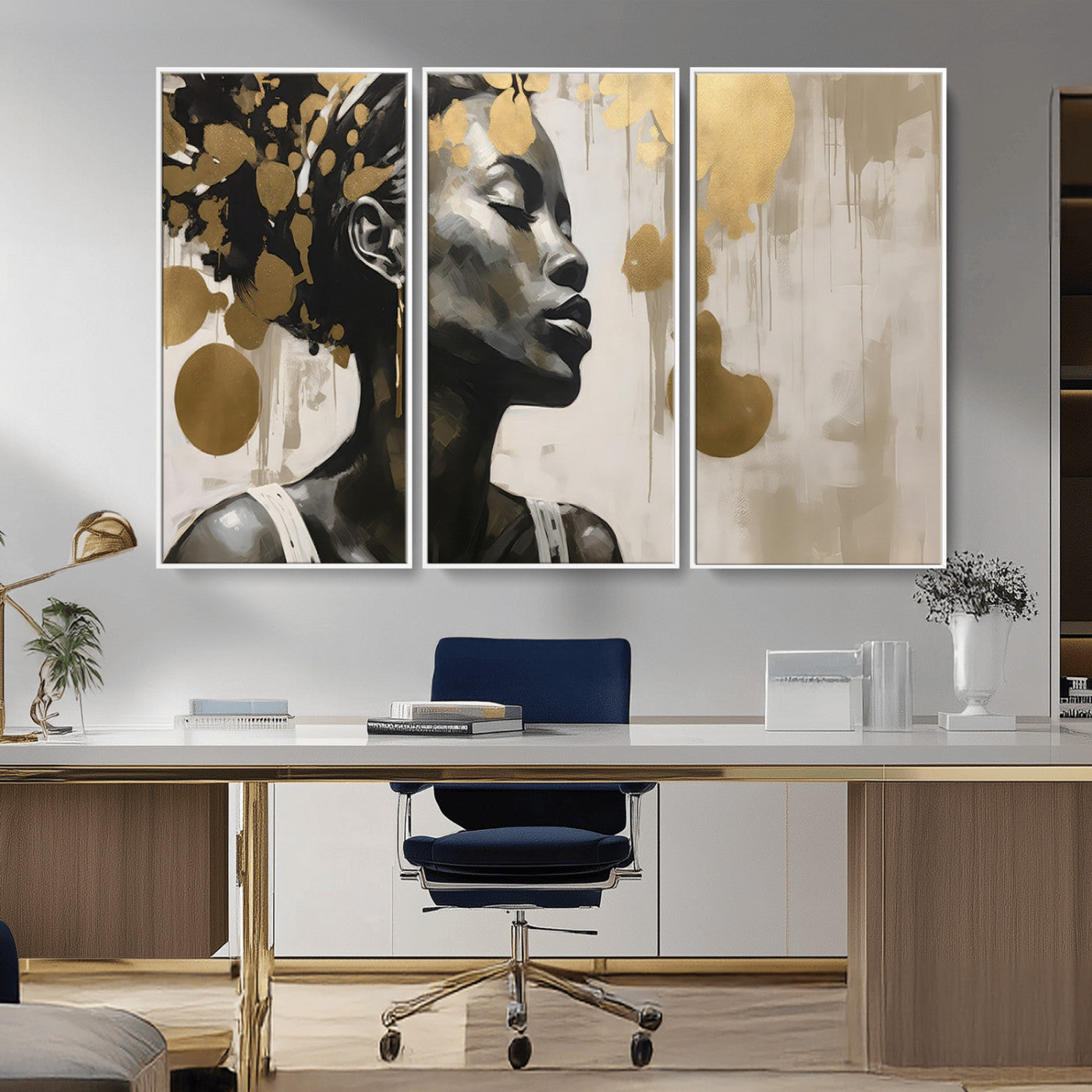 65669-MGV-CV-36X24-Elegant Black Woman Wall Art – Modern Abstract Portrait Canvas with Gold Accents, Contemporary Afrocentric Decor for Living Room