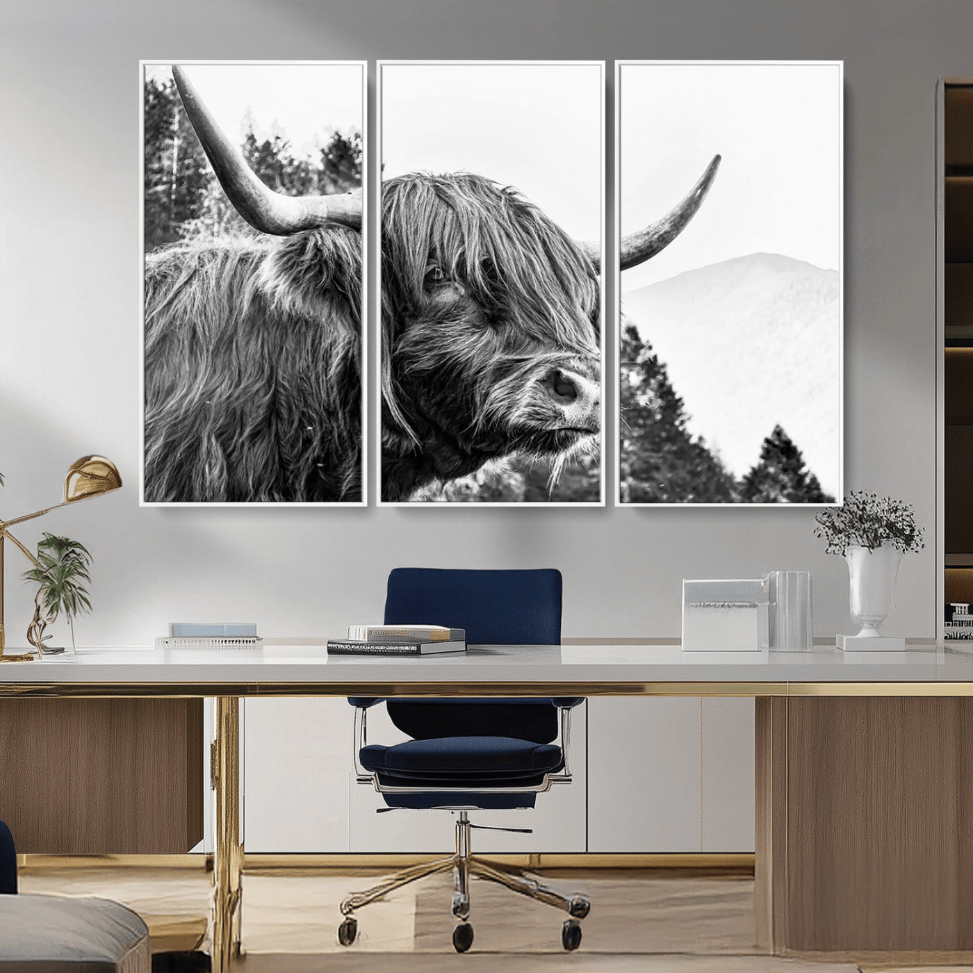 61570-MGV-CV-36X24-Highland Cow Wall Art – Black and White Scottish Bull Canvas Print, Rustic Farmhouse Animal Decor for Living Room, Bedroom, or