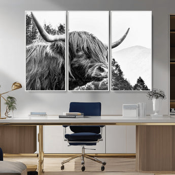 61570-MGV-CV-36X24-Highland Cow Wall Art – Black and White Scottish Bull Canvas Print, Rustic Farmhouse Animal Decor for Living Room, Bedroom, or