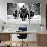 45287-MGV-CV-36X24-Bison Herd Wall Art – Black and White Buffalo Snow Road Canvas Print, Rustic Wildlife Decor for Cabin, Lodge or Living Room