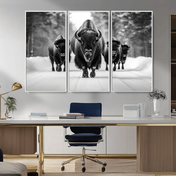 45287-MGV-CV-36X24-Bison Herd Wall Art – Black and White Buffalo Snow Road Canvas Print, Rustic Wildlife Decor for Cabin, Lodge or Living Room